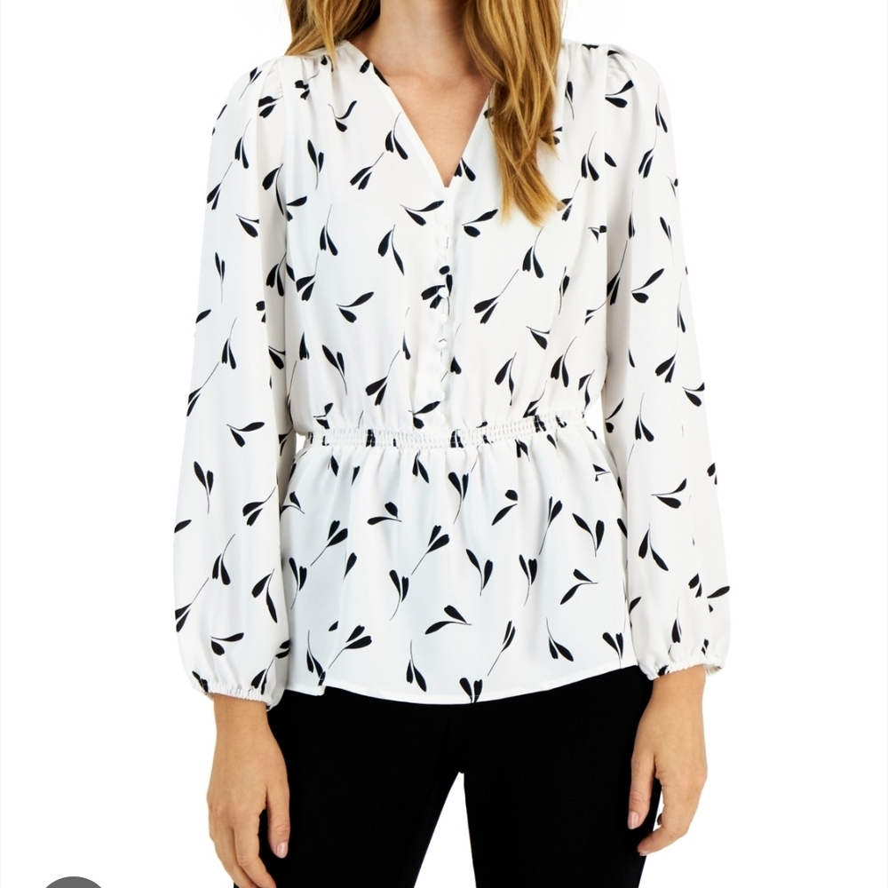 Alfani Peplum V-Neck White Leaf Print Blouse Size Small Lightweight Long Sleeve